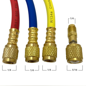Appli Parts APMG-A3B36 Manometro R134,R22,R404,R410, Escala Presion psi, Escala Temperatura Fahrenheit, Cuerpo de Laton, Incluye adaptor 5/16 SAE a 1/4 SAE y Juego de Mangueras 90 cm 1/4 SAE