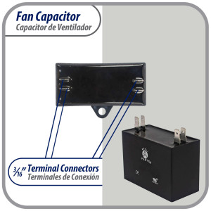 Appli Parts Fan Capacitor 18 mfd (microfarads) uf 250 VAC with 4 Terminal Connections compatible with any brand within the same range of capacitance 2-1/4in Width 7/8in Depth 1-7/8in Height CAP-18-250
