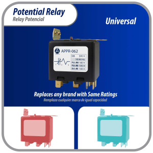 Appli Parts APPR-062 Relay Potencial 062, Voltaje de Bobina 395 V, Recogida Minima 180 V, Recogida Maxima 195 V, Caida Maxima 100 V, 50/60Hz Remplazo universal para unidades de refrigeracion y aire acondicionado