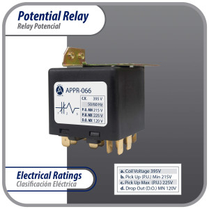 Appli Parts APPR-066 Relay Potencial 066, Voltaje de Bobina 395 V, Recogida Minima 215 V, Recogida Maxima 225 V, Caida Maxima 120 V, 50/60Hz Remplazo universal para unidades de refrigeracion y aire acondicionado