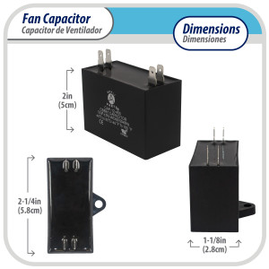 Appli Parts Fan Capacitor 12 mfd (microfarads) uf 450 VAC 4 Terminal Connections compatible with any brand within the same range of capacitance 2-1/4in Width 1-1/8in Depth 2in Height CAP-12-450