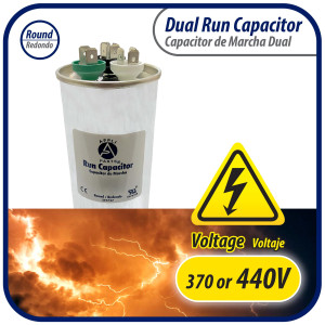 Appli Parts Dual Run Capacitor for ac 70+10 Mfd uF (microfarads) 370VAC or 450VAC CBB65 Round Universal fit for hvac and other applications 5-1/4 in High 2-1/4 in Wide CON-70/10-450