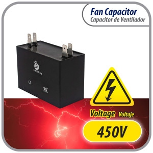 Appli Parts Condensador Capacitor de ventilador 2 mfd (microfaradios) uf 450VAC con conectores compatible con cualquier marca de igual capacitancia 3.7cm Ancho 1.5cm Profundidad 3.4cm Alto CAP-2-450