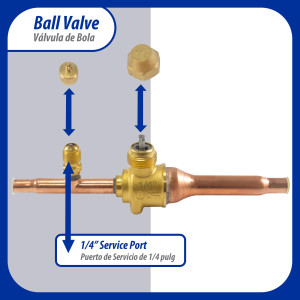 Appli Parts APBV-014 Valvula de Cierre 1/4 in tipo Bola de conexion soldable con puerto de servicio SAE de 1/4 in, presion maxima de trabajo 610 psi temperaturas de -30 C a 120 C longitud total 165mm