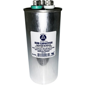 Appli Parts Dual Run Capacitor for ac 80+7.5 Mfd uF (microfarads) 370VAC or 450VAC CBB65 Round Universal fit for hvac and other applications 5-3/4 in High 2-5/16 in Wide CON-80/7.5-450