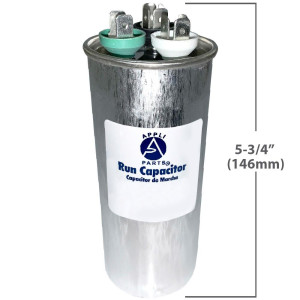 Appli Parts Dual Run Capacitor for ac 80+7.5 Mfd uF (microfarads) 370VAC or 450VAC CBB65 Round Universal fit for hvac and other applications 5-3/4 in High 2-5/16 in Wide CON-80/7.5-450