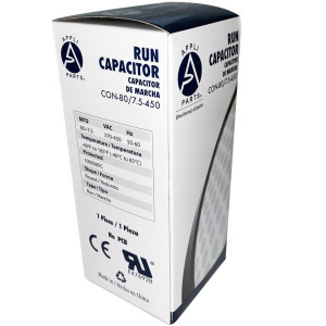 Appli Parts Dual Run Capacitor for ac 80+7.5 Mfd uF (microfarads) 370VAC or 450VAC CBB65 Round Universal fit for hvac and other applications 5-3/4 in High 2-5/16 in Wide CON-80/7.5-450