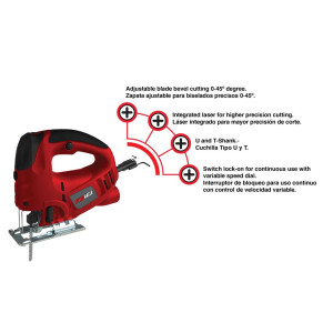 Sierra Caladora Promaker PRO-SC800 Voltaje - Frecuencia 120V - 60Hz Potencia 800W Velocidad 800-3000cpm Angulo de corte 0-45 Capacidad de corte 100mm (madera) 10mm (metal) Cable 2m