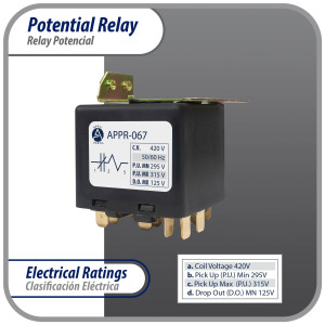 Appli Parts APPR-067 Relay Potencial 067, Voltaje de Bobina 420 V, Recogida Minima 295 V, Recogida Maxima 315 V, Caida Maxima 125 V, 50/60Hz Remplazo universal para unidades de refrigeracion y aire acondicionado