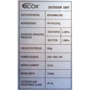 Unidad Cond. Descarga Vertical 60.000btu R410 230v/60hz/3ph Ecox Evcu060c10c Unidad Cond. Descarga Vertical 60.000btu R410 230v/60hz/3ph Ecox Evcu060c10c