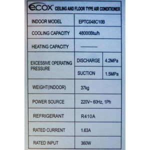 Consola Piso-Techo 48.000btu R22/R410 230v/60hz/1ph Ecox EPTC048C10B