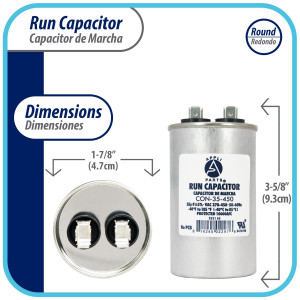 Appli Parts Condensador Capacitor de Marcha 35 Mfd uF (microfaradios) 370VAC o 450VAC CBB65 Universal Aire acondicionado y otras aplicaciones Redondo UL E476928 9.3cm Alto 4.7cm Ancho CON-35-450