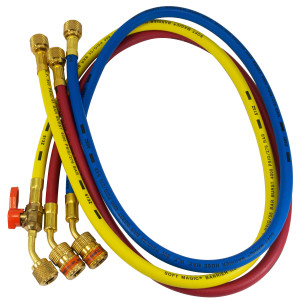Uniweld Manifold Hoses 60in Red and Blue with EZ Turn Yellow with Ball Valve CFC/HCFC/HFC R410 Anti-Blowback fitting with Soft Magic Barrier hose set EZ5HS