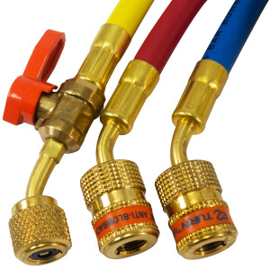 Uniweld Manifold Hoses 60in Red and Blue with EZ Turn Yellow with Ball Valve CFC/HCFC/HFC R410 Anti-Blowback fitting with Soft Magic Barrier hose set EZ5HS