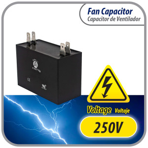 Appli Parts Fan Capacitor 15 mfd (microfarads) uf 250 VAC with 4 Terminal Connections compatible with any brand within the same range of capacitance 2-1/4in Width 7/8in Depth 1-3/4in Height CAP-15-250