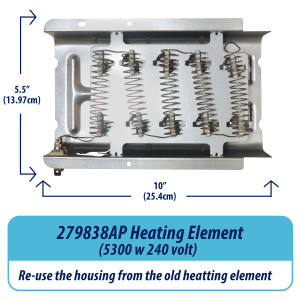 279838 Appli Parts Resistencia Secadora 279838AP para remplazo de producto original Whirlpool con numeros 279837 3398063 3398064 3403585 8565582 W10724238 elemento calefactor para piezas OEM de marcas como Whirlpool Amana Kenmore Maytag y otras