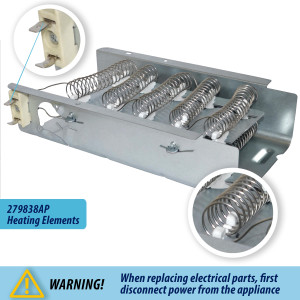 279838 Appli Parts Resistencia Secadora 279838AP para remplazo de producto original Whirlpool con numeros 279837 3398063 3398064 3403585 8565582 W10724238 elemento calefactor para piezas OEM de marcas como Whirlpool Amana Kenmore Maytag y otras