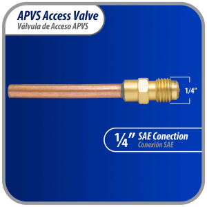 Appli Parts Valvula de acceso de 1/4 SAE x 1/4 pulg OD x con vastago de cobre de 5cm de largo con nucleo y tapa de laton con removedor de nucleo y empacadura APVS-14142