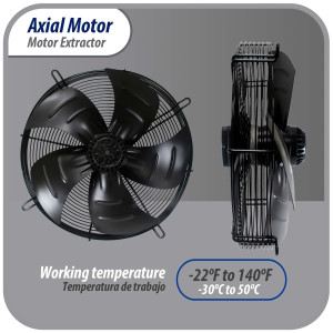 Appli Parts AXF-500-3 Extractor Axial 500 mm (19-3/4 pulg) 220 V, 3 ph, 60 Hz, 500 W, 1550 rpm, Rango Temperatura -30 C a 60 C, incluye aspa y base tipo jaula