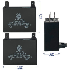 Appli Parts Condensador Capacitor de ventilador 6 mfd (microfaradios) uf 250VAC con conectores compatible con cualquier marca de igual capacitancia 4.7cm Ancho 1.8cm Profundidad 4.3cm Alto CAP-6-250