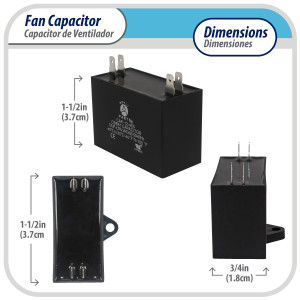 Appli Parts Condensador Capacitor de ventilador 2.5 mfd (microfaradios) uf 450VAC con conectores compatible con cualquier marca de igual capacitancia 3.7cm Ancho 1.8cm Prof 3.7cm Alto CAP-2.5-450