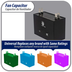 Appli Parts Condensador Capacitor de ventilador 2.5 mfd (microfaradios) uf 450VAC con conectores compatible con cualquier marca de igual capacitancia 3.7cm Ancho 1.8cm Prof 3.7cm Alto CAP-2.5-450