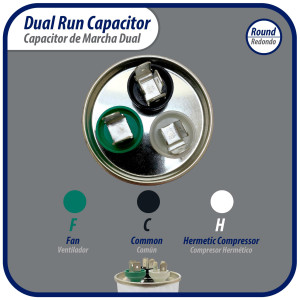 Appli Parts Dual Run Capacitor for ac 75+7.5 Mfd uF (microfarads) 370VAC or 450VAC CBB65 Round Universal fit for hvac and other applications 5-3/4 in High 2-3/8 in Wide CON-75/7.5-450