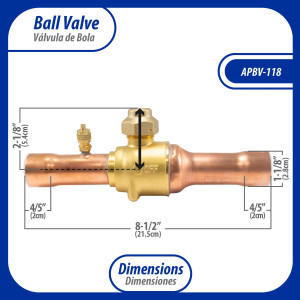 Appli Parts APBV-138 Valvula de Cierre 1-3/8 in tipo Bola de conexion soldable con puerto de servicio SAE de 1/4 in, presion maxima de trabajo 610 psi temperaturas de -30C a 120C longitud total 256mm