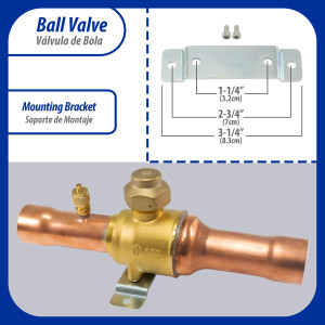 Appli Parts APBV-138 Valvula de Cierre 1-3/8 in tipo Bola de conexion soldable con puerto de servicio SAE de 1/4 in, presion maxima de trabajo 610 psi temperaturas de -30C a 120C longitud total 256mm