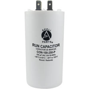 Appli Parts Run Capacitor for electric motors 100 Mfd uF (microfarads) 250VAC Plastic Case with terminals CBB60 Round Universal fit water pumps and others 4-1/2in High 2in Wide CON-100-250-P