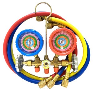 Appli Parts APMB-A3B36S Manometro R134,R22,R404,R410 1/4 pulg SAE, Escala Presion psi, Escala Temperatura Fahrenheit, Cuerpo de Laton con Visor, Adaptor 5/16 SAE a 1/4 SAE y Juego de Mangueras 90cm 1/4 SAE