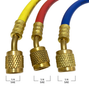 Appli Parts APMB-A3B36S Manometro R134,R22,R404,R410 1/4in SAE, Escala Presion psi, Escala Temperatura Fahrenheit, Cuerpo de Laton con Visor, Adaptor 5/16 SAE a 1/4 SAE y Mangueras de 90cm 1/4 SAE