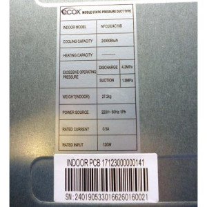 Fan Coil 24.000btu 230v/60hz/1ph R410 Ecox Nfcu024c10b / Efcu024c10b