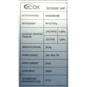 Unidad Cond. Descarga Vertical 36.000btu R410 230v/60hz/3ph Ecox Evcu036c10C