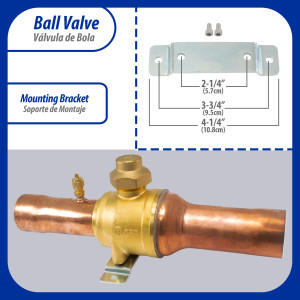 Appli Parts APBV-158 Valvula de Cierre 1-5/8 in tipo Bola de conexion soldable con puerto de servicio SAE de 1/4 in, presion maxima de trabajo 610 psi temperaturas de -30C a 120C longitud total 288mm