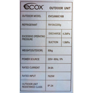 Unidad Cond. Descarga Vertical 60.000btu R410 230v/60hz/1ph Ecox Evcu060c10b