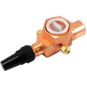 Appli Parts APRV-VA02 Valvula Rotolock V02 1-3/4 pulg x 1-1/8 pulg Soldable con puertos de acceso de 1/4 pulg Universal para sistemas de refrigeracion y aire acondicionado