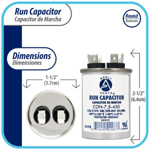 Appli Parts Condensador Capacitor de Marcha 7.5 Mfd uF (microfaradios) 370VAC o 450VAC CBB65 Universal Aire acondicionado y otras aplicaciones Redondo UL E476928 6.4cm Alto 3.7cm Ancho CON-7.5-450
