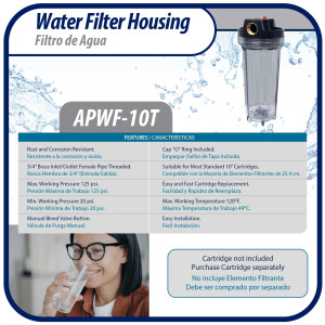 Appli Parts APWF-10T Water Filter 10 in Clear with 3/4 in Female Bronze Connector (Does not include the filter element)