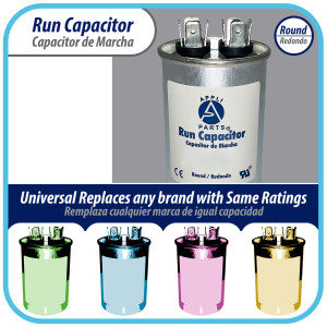 Appli Parts Condensador Capacitor de Marcha 20 Mfd uF (microfaradios) 370VAC o 450VAC CBB65 Universal Aire acondicionado y otras aplicaciones Redondo UL E476928 8.6cm Alto 4.5cm Ancho CON-20-450