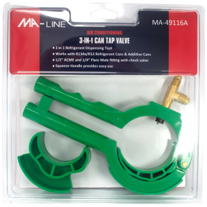 MA-Line MA-49116A Valvula para lata de Refrigerante y Aditivos 3 en 1. Incluye 1/2pulg ACME y 1/4pulg Flare con Valvula Check