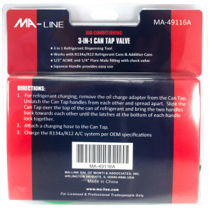 MA-Line MA-49116A Valvula para lata de Refrigerante y Aditivos 3 en 1. Incluye 1/2pulg ACME y 1/4pulg Flare con Valvula Check