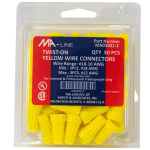 MA-Line MA01021-2 Yellow Twist on Wire Connector No. 18 through 10 AWG. Bag of 50ea