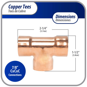 Appli Parts AP-T078B10 7/8pulg Tee de Cobre Conexiones CxCxC soldadas para aplicaciones de refrigeracion, aire acondicionado y plomeria Tuberia de Cobre ACR y Tipo L (10 x Bolsa)