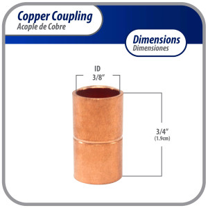 Appli Parts AP-A038 3/8 in Wrot Copper Coupling fitting CxC Sweat connections for refrigeration, air conditioning and plumbing applications ACR and Type L copper pipe