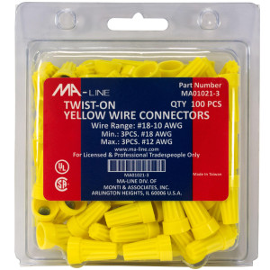 MA-Line MA01021-3 Terminal de Rosca Amarillo para Cables desde AWG 10 hasta 18. Bolsa de 100