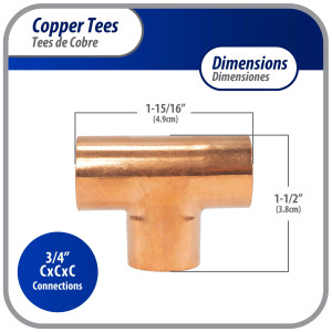 Appli Parts AP-T034 3/4 pulg Tee de Cobre Conexiones CxCxC soldadas para aplicaciones de refrigeracion, aire acondicionado y plomeria Tuberia de Cobre ACR y Tipo L