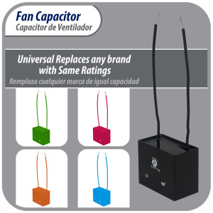 Appli Parts CAP-10-250-2C Fan Capacitor 10 mfd (microfarads) uf 250 VAC with 2 Wire Terminal Connections compatible with any brand with same capacitance 1-7/8in Width 1in depth 1-1/2in Height