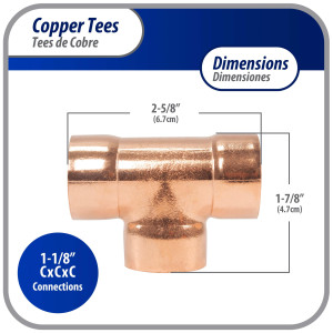 Appli Parts AP-T118B5 1-1/8 pulg Tee de Cobre Conexiones CxCxC soldadas para aplicaciones de refrigeracion, aire acondicionado y plomeria Tuberia de Cobre ACR y Tipo L (5 x Bolsa)