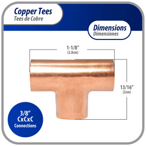 Appli Parts AP-T038B10 3/8pulg Tee de Cobre Conexiones CxCxC soldadas para aplicaciones de refrigeracion, aire acondicionado y plomeria Tuberia de Cobre ACR y Tipo L (10 x Bolsa)